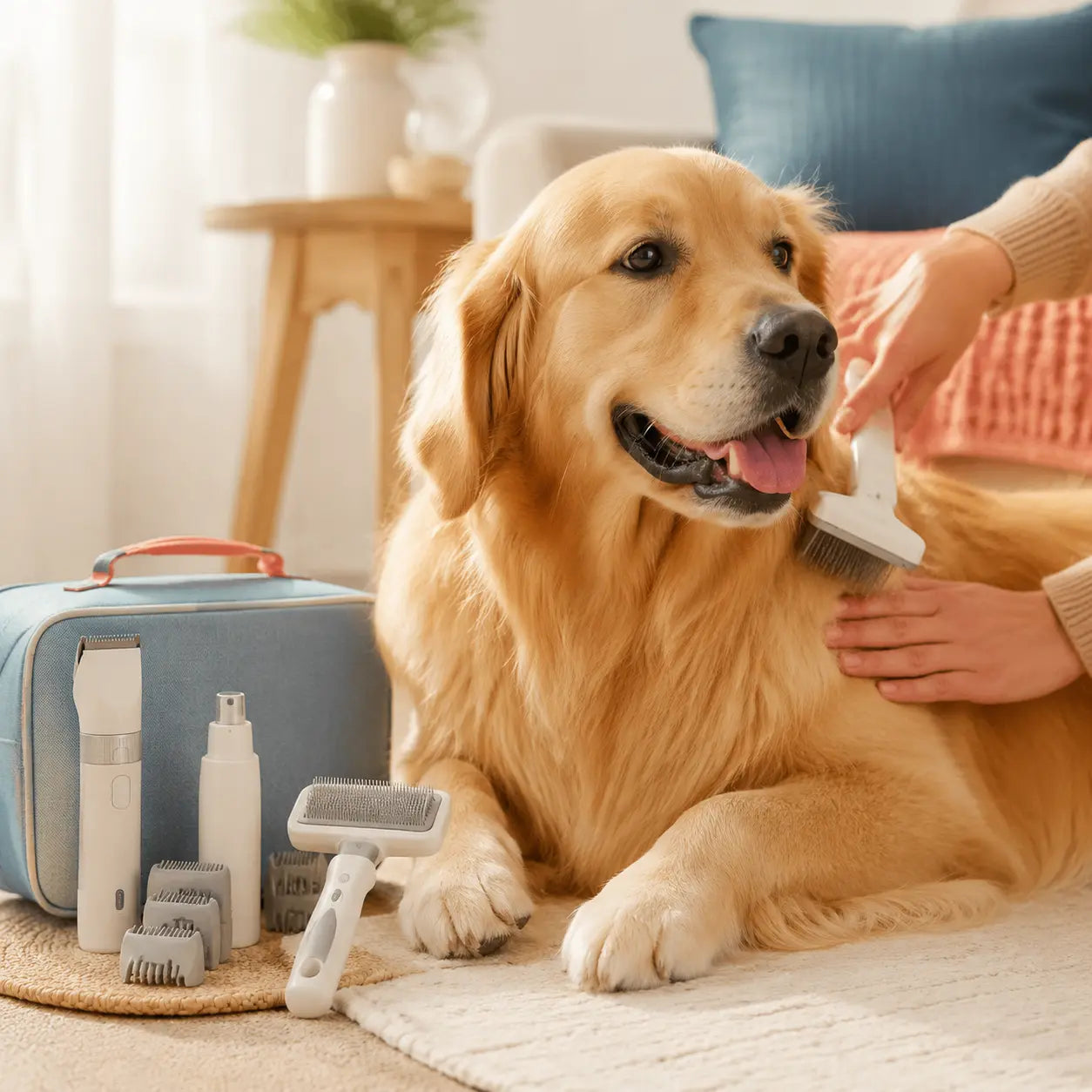 Calm dog with home grooming essentials