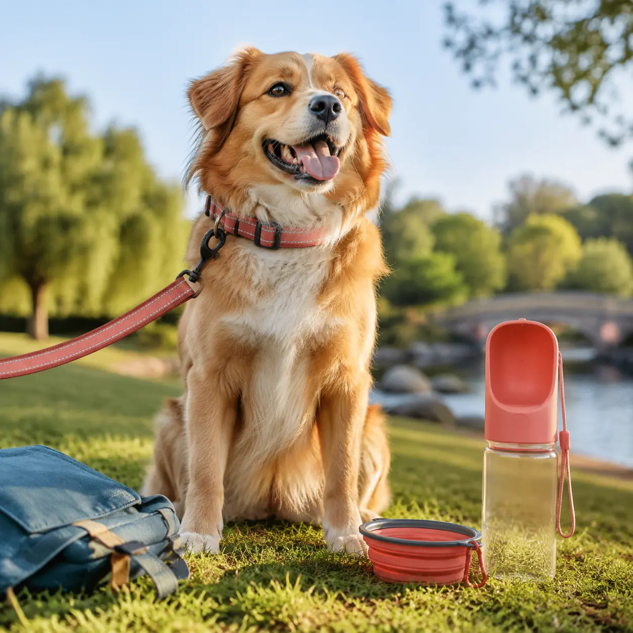 Happy dog with walking and hydration accessories