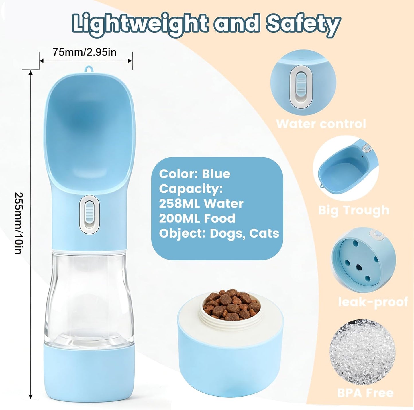 Portable Dog Water Bottle with Food Compartment - Dishwasher Safe Blue | 3-in-1 Pet Drinking Solution for Outdoor Activities | BPA-Free Leak-Proof Dispenser with Bowl