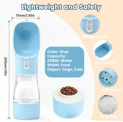 Portable Dog Water Bottle with Food Compartment - Dishwasher Safe Blue | 3-in-1 Pet Drinking Solution for Outdoor Activities | BPA-Free Leak-Proof Dispenser with Bowl