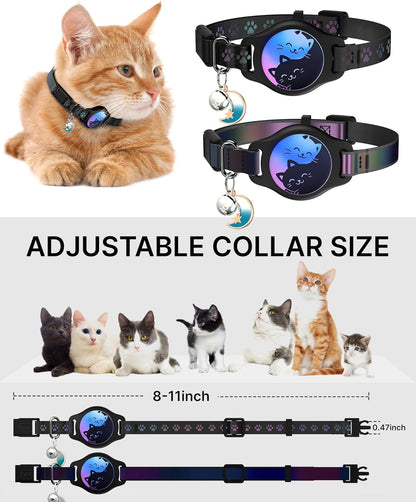Breakaway Cat Collar with Airtag Holder - 2 Pack Reflective Waterproof Design with Bell, Adjustable 8-12 Inches, Lightweight and Comfortable Tracking Solution