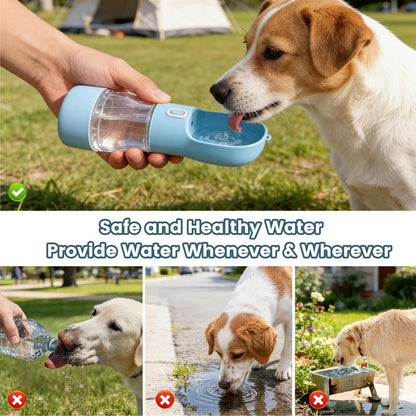 Portable Dog Water Bottle with Food Compartment - Dishwasher Safe Blue | 3-in-1 Pet Drinking Solution for Outdoor Activities | BPA-Free Leak-Proof Dispenser with Bowl
