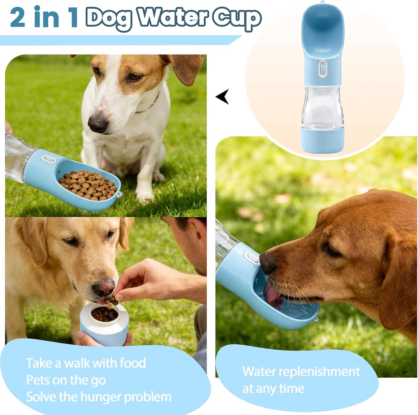 Portable Dog Water Bottle with Food Compartment - Dishwasher Safe Blue | 3-in-1 Pet Drinking Solution for Outdoor Activities | BPA-Free Leak-Proof Dispenser with Bowl