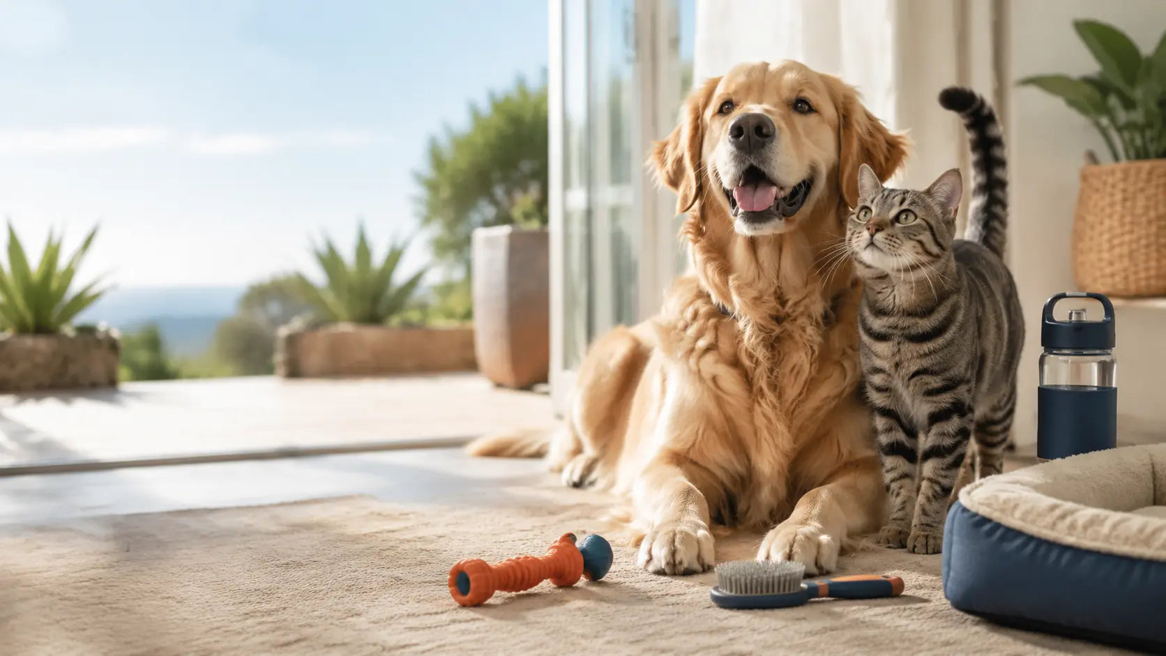 Happy dog and cat with pet care, play and travel essentials